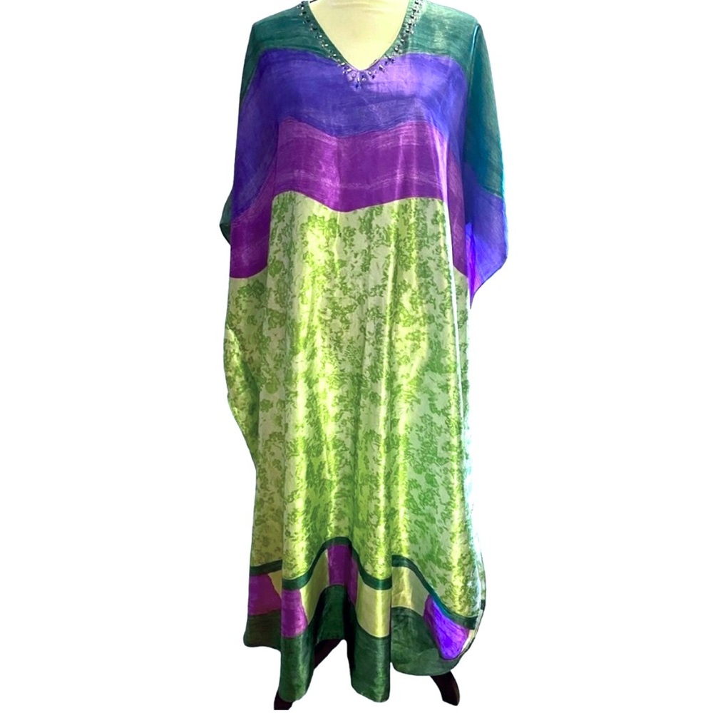 Silky satiny gradient colored caftan w/jeweled neckline
